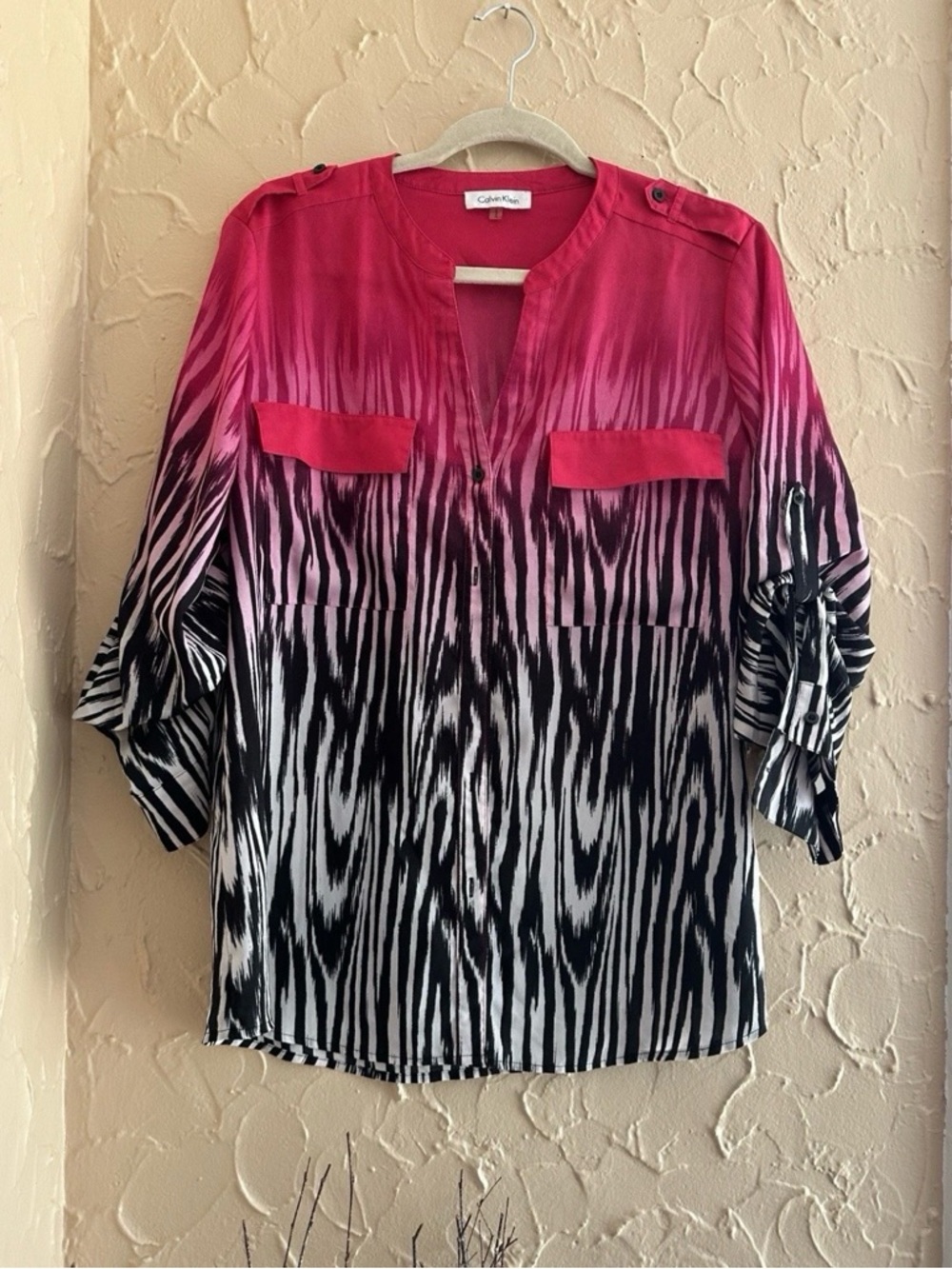 Calvin Klein Fuchsia to Black Ombre Zebra-Print Roll Sleeve Tunic